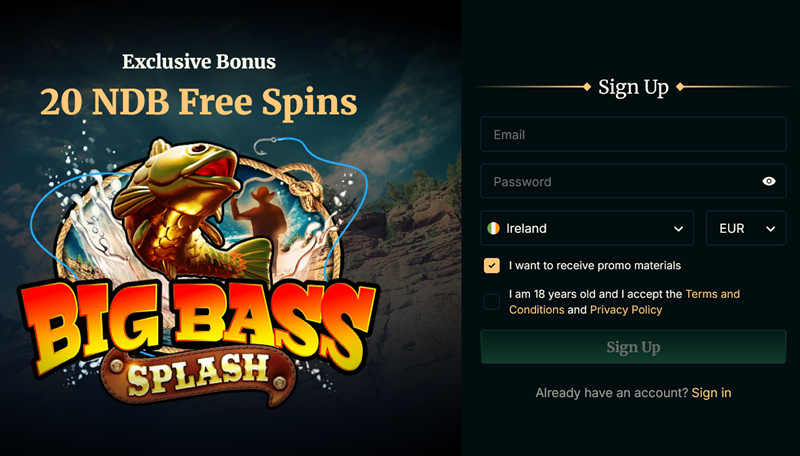 Play 20 free spins on Big Bass Splash - no deposit needed!